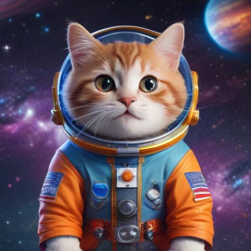 Create a cute, smiling cat in a colorful space suit, floating in space. Add exotic planets, bright stars, spaceships, and comets in a vibrant cartoon style with vivid details