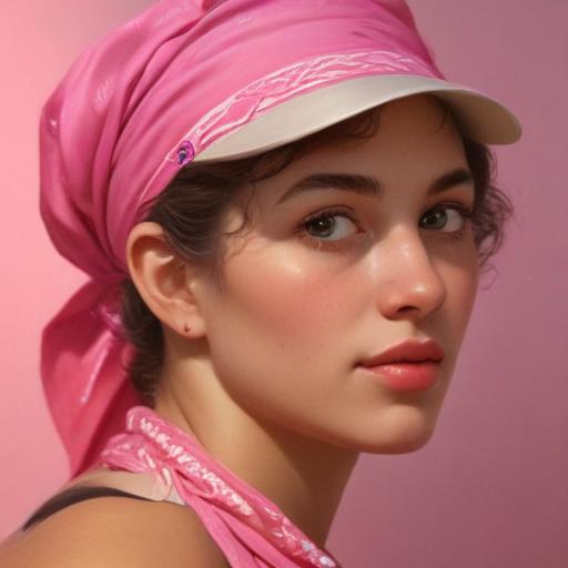 :A stunning Socialist Realism masterpiece of a woman in a pink bandana and hat, inspired by Alexander Deyneka, with dynamic angles, vibrant lighting, and high-resolution detail.