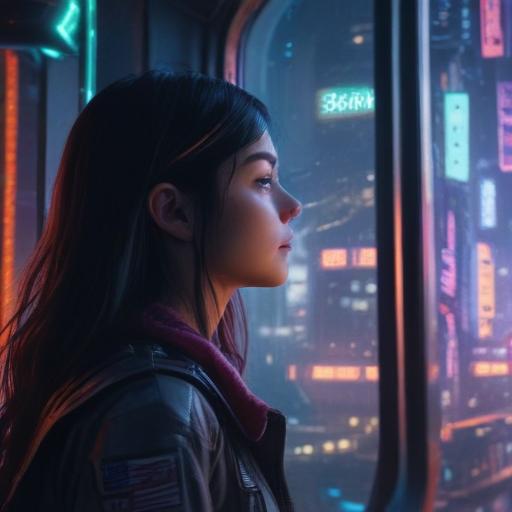 A girl gazes out a spaceship window, soaring through a neon-lit cyberpunk city with dramatic lighting, in a photorealistic, 8K ultra-high-resolution style with rich colors and hyper-realistic textures.